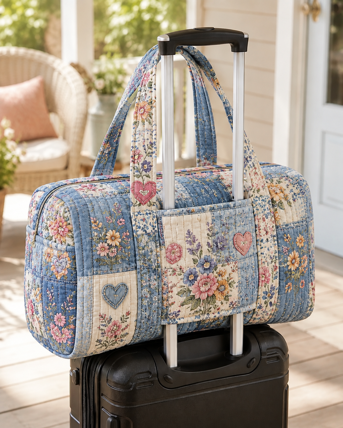 Vintage Heart Floral Patchwork Quilted Weekender Bag With Trolley Sleeve