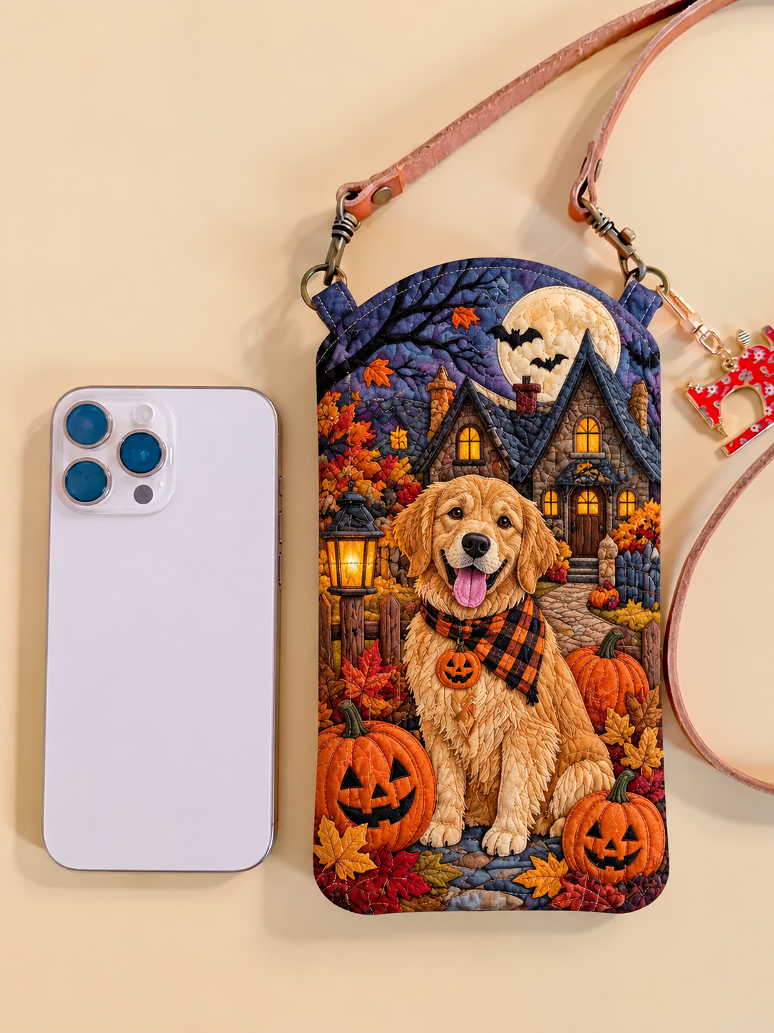 Golden Retriever Pumpkin Night Quilted Slim Phone Crossbody Bag