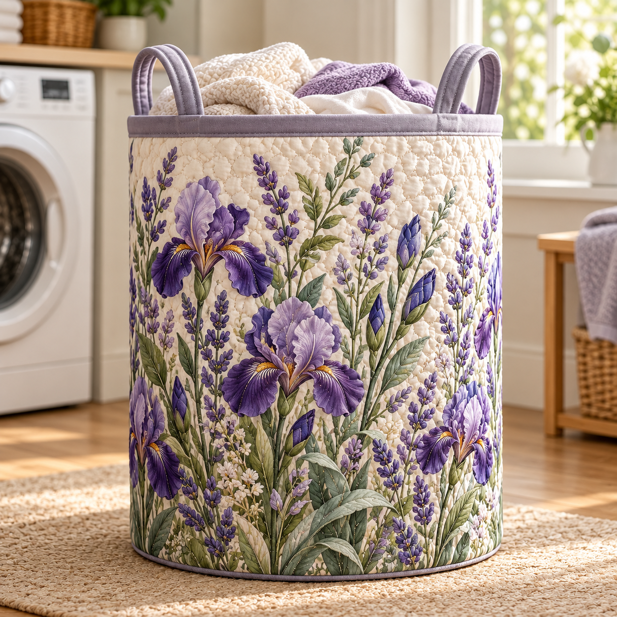 Purple Iris Meadow Quilted Laundry Basket