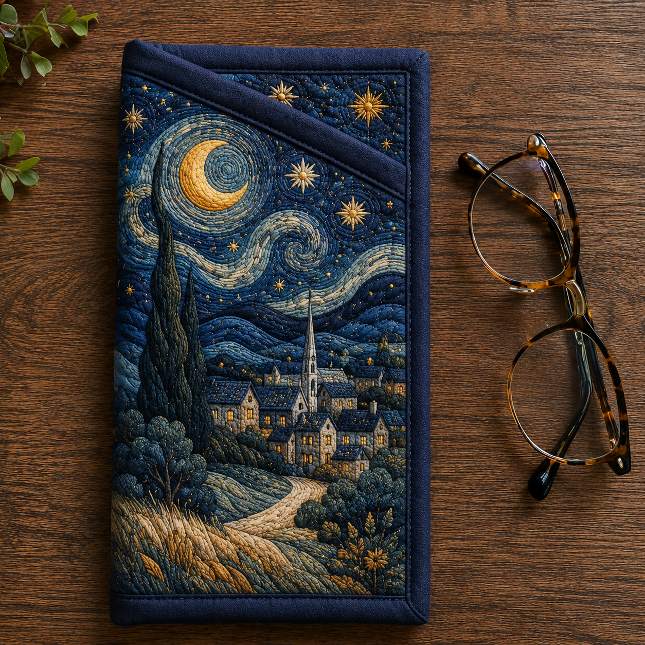 Moonlit Village Night Landscape Quilted Eyeglass Case