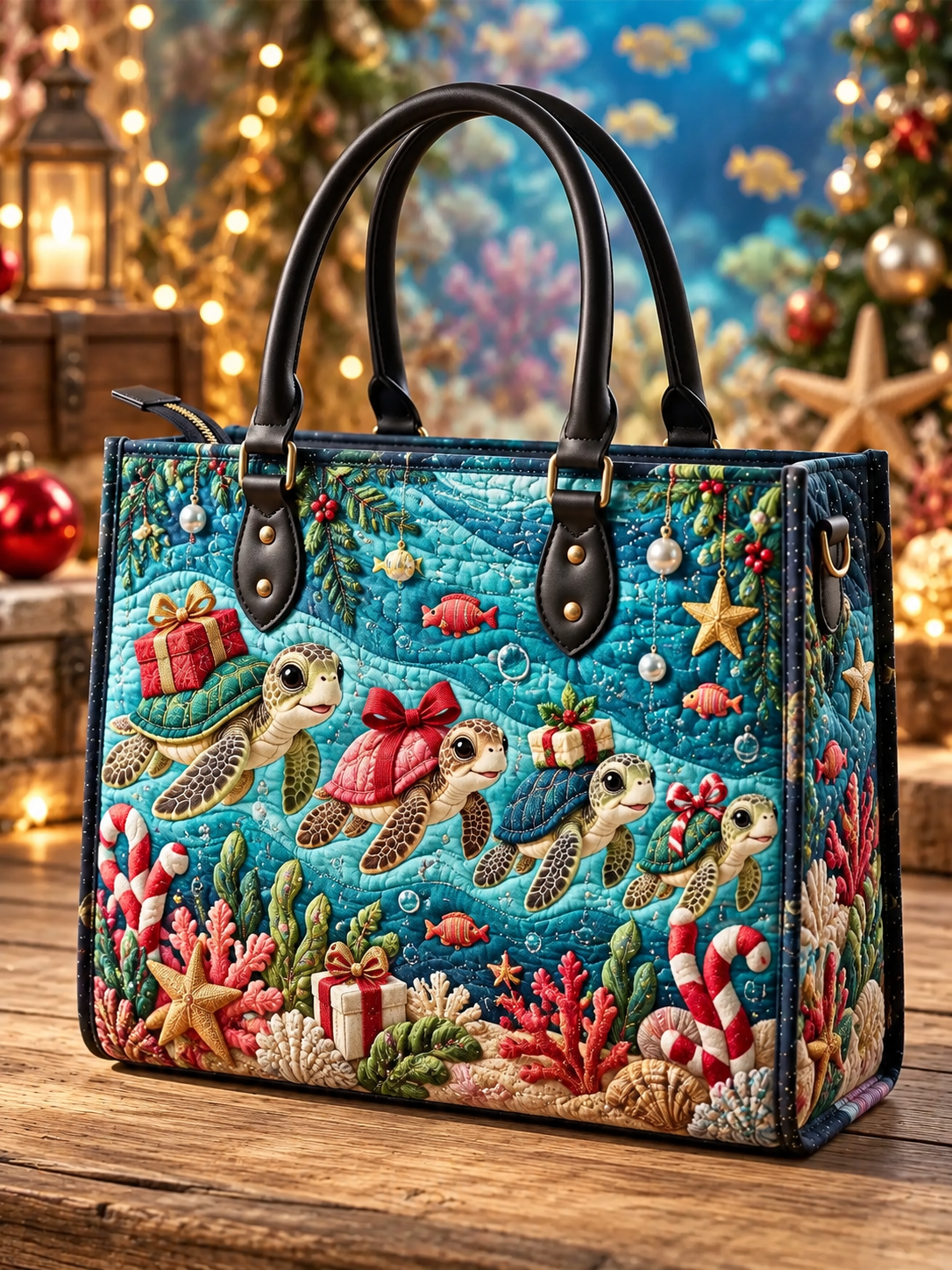Festive Sea Turtle Ocean Quilted Leather Strap Bible Handbag