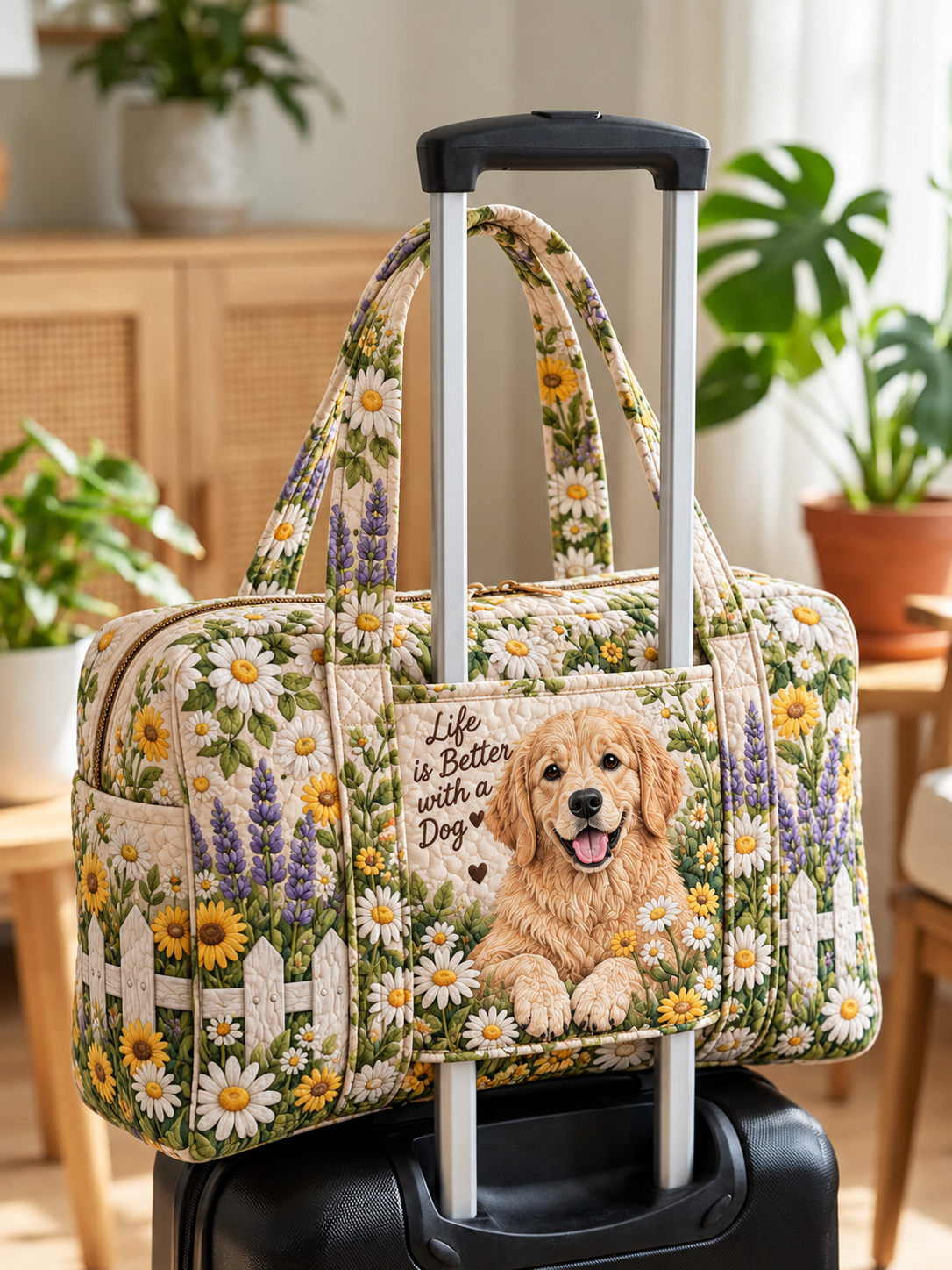 Golden Retriever Daisy Garden Quilted Weekender Bag With Trolley Sleeve