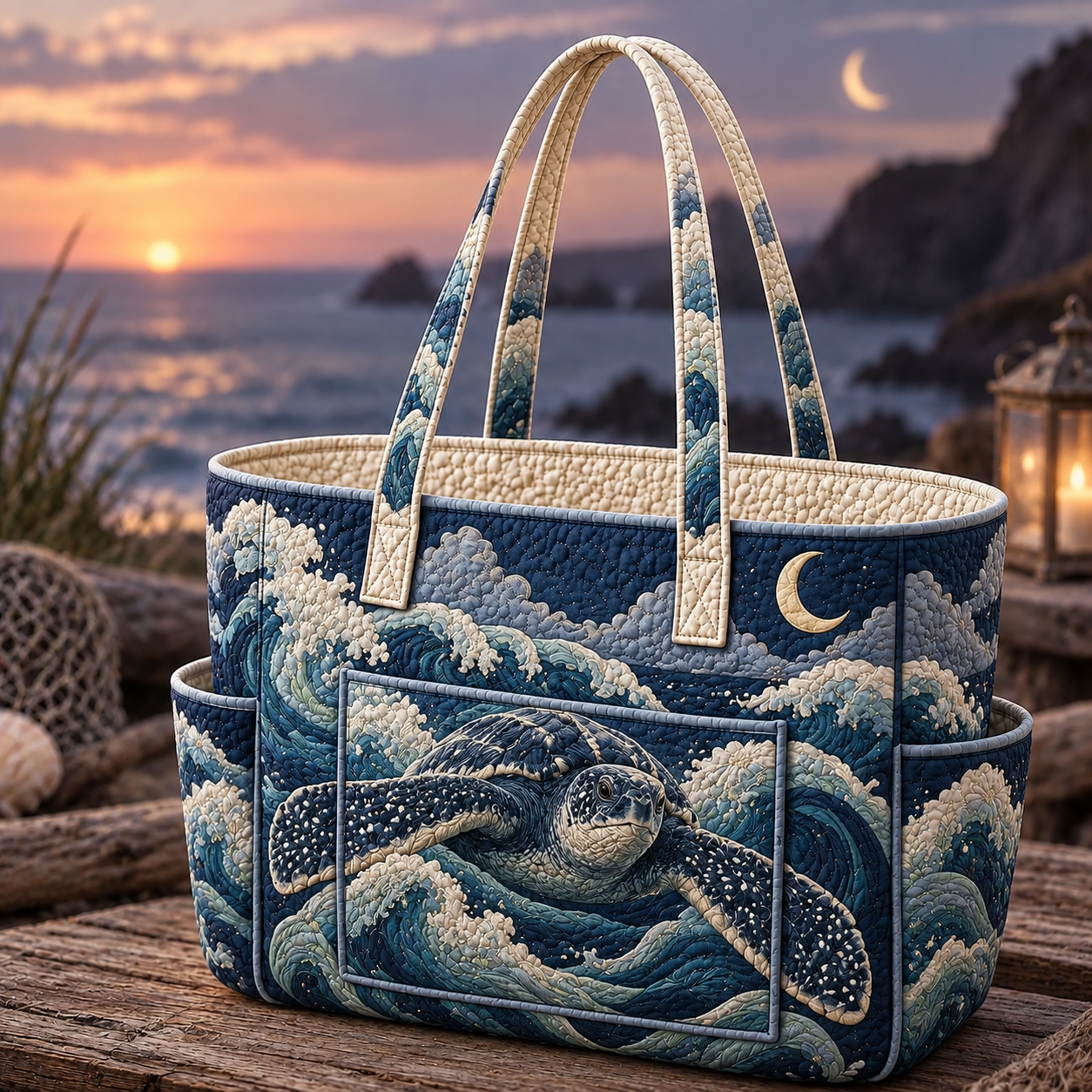 Moonlit Sea Turtle Ocean Multiple Pockets Quilted Tote Bag