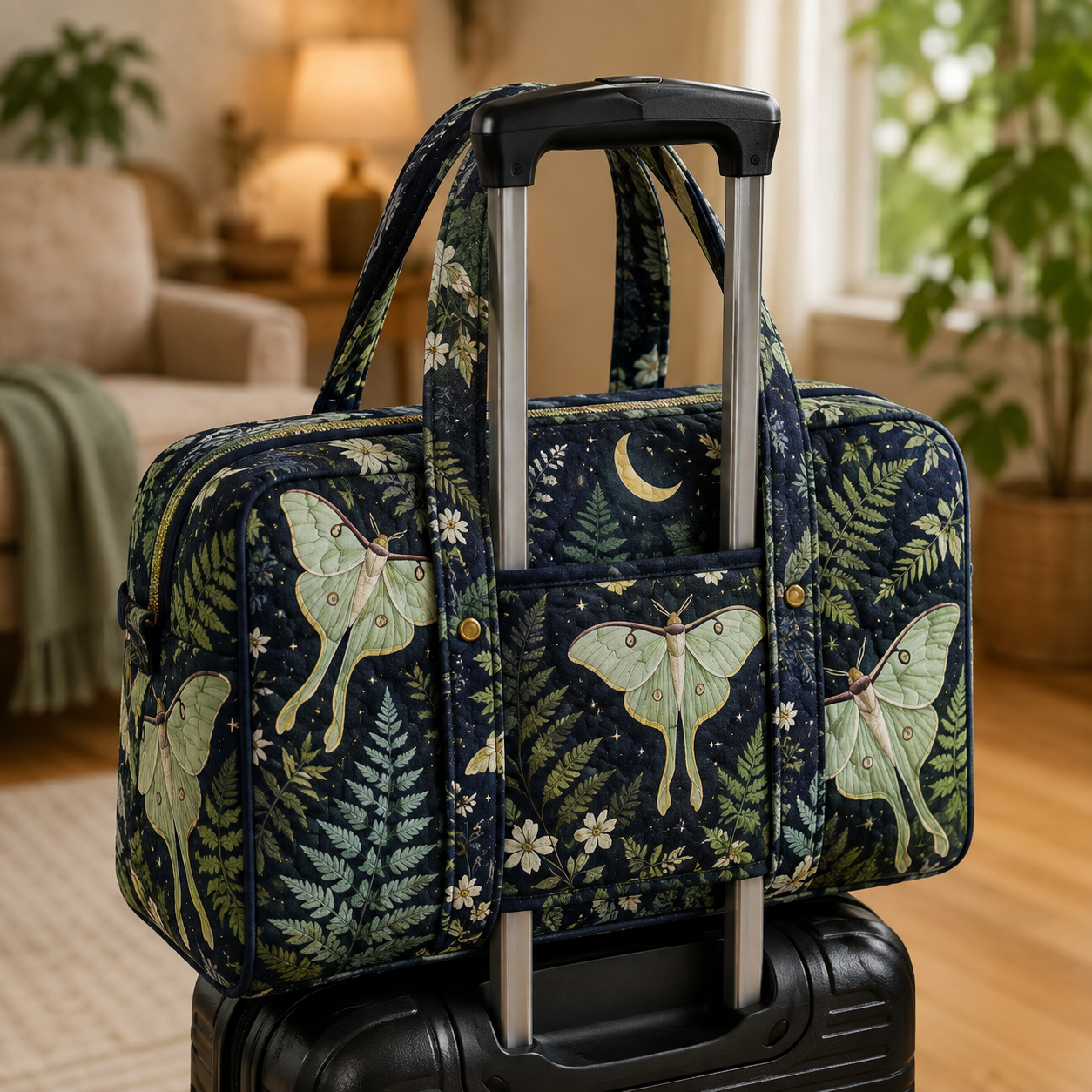 Moonlit Luna Moth Quilted Weekender Bag With Trolley Sleeve