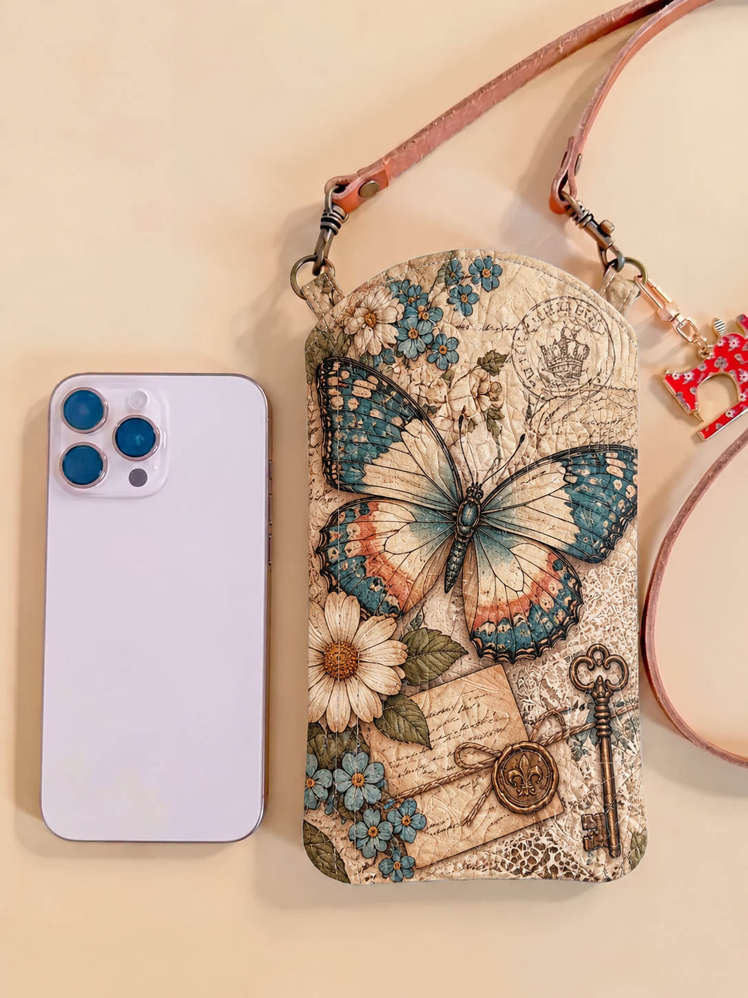 Vintage Blue Butterfly Floral Quilted Slim Phone Crossbody Bag