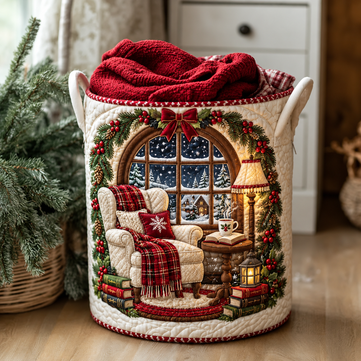 Cozy Christmas Reading Nook Quilted Laundry Basket
