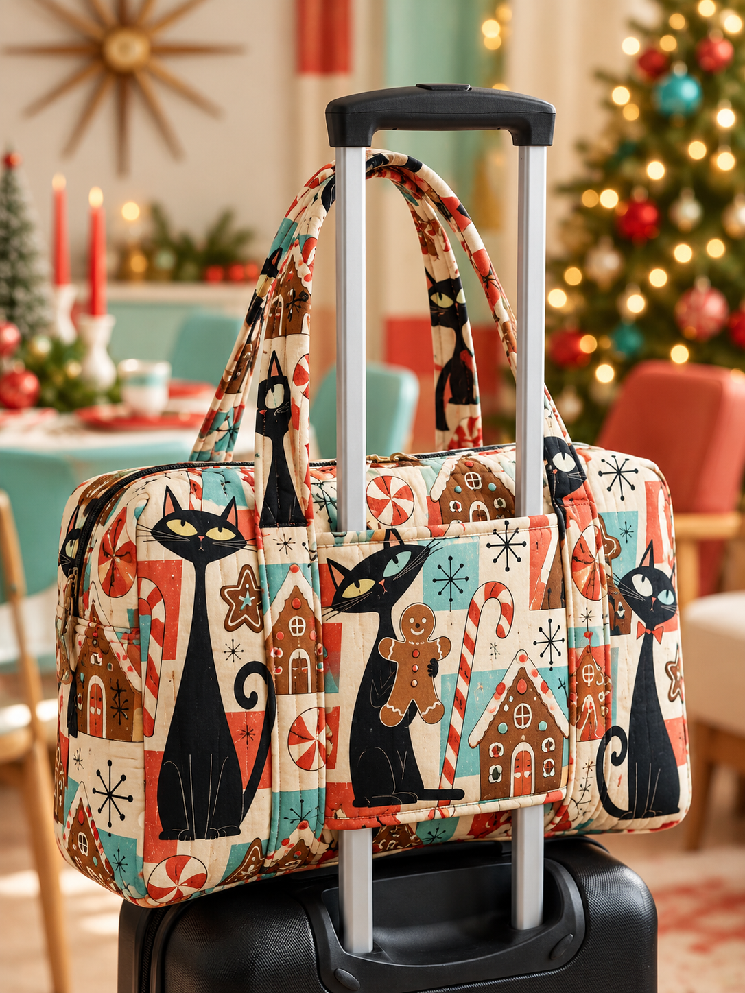 Festive Cat & Gingerbread Quilted Weekender Bag With Trolley Sleeve