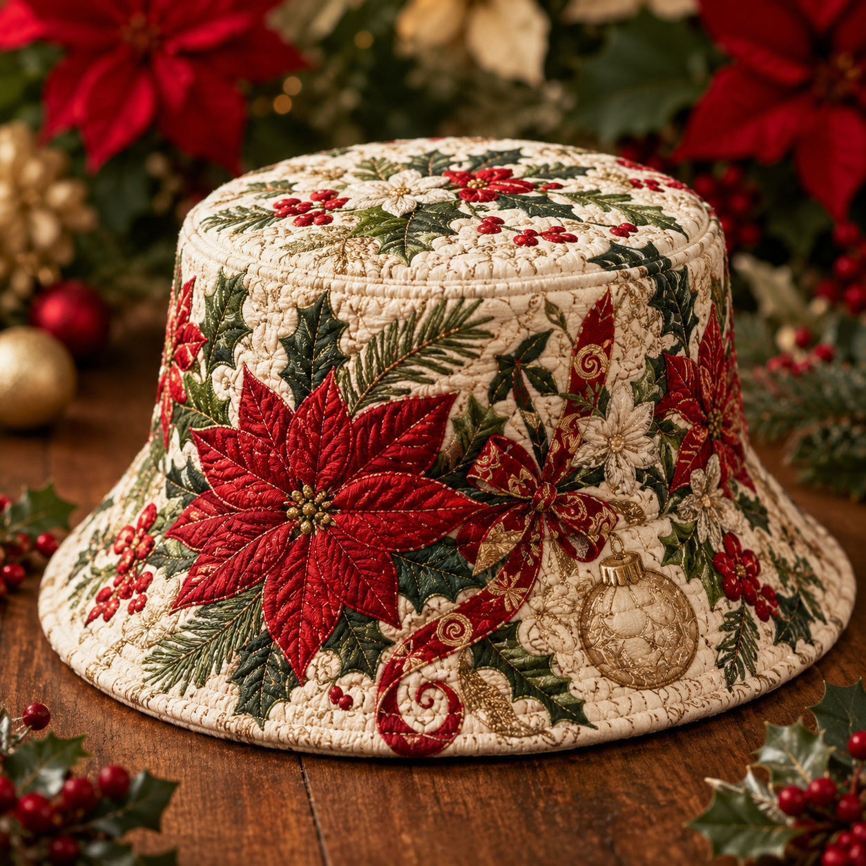 Poinsettia Holly Festive Quilted Fishing Hat