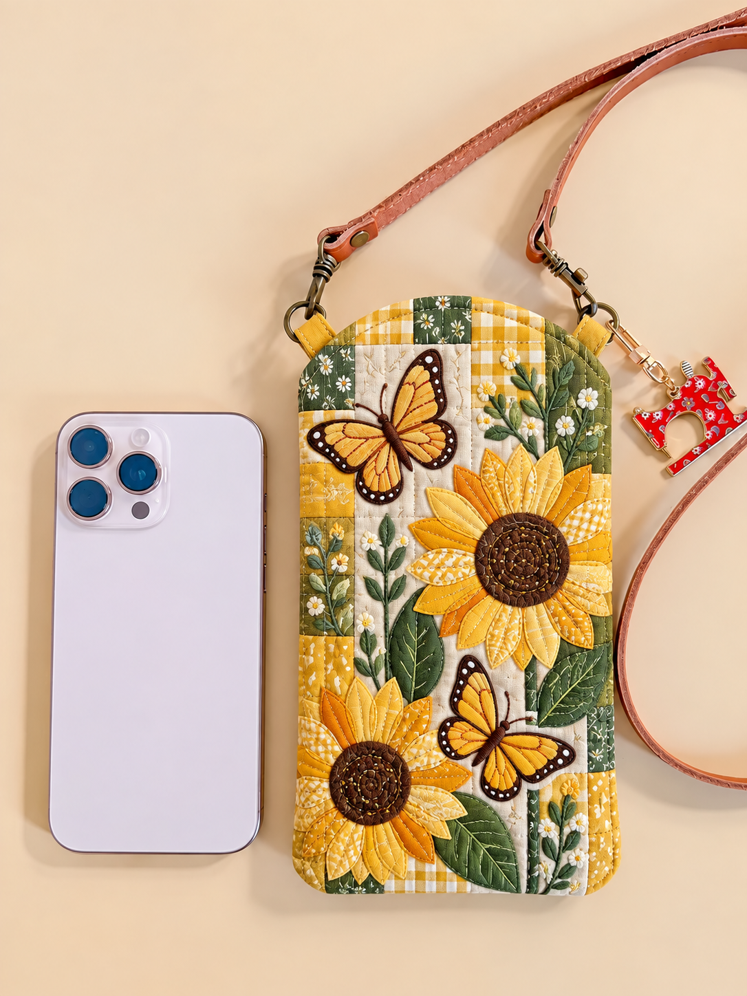 Sunflower Butterfly Garden Quilted Slim Phone Crossbody Bag