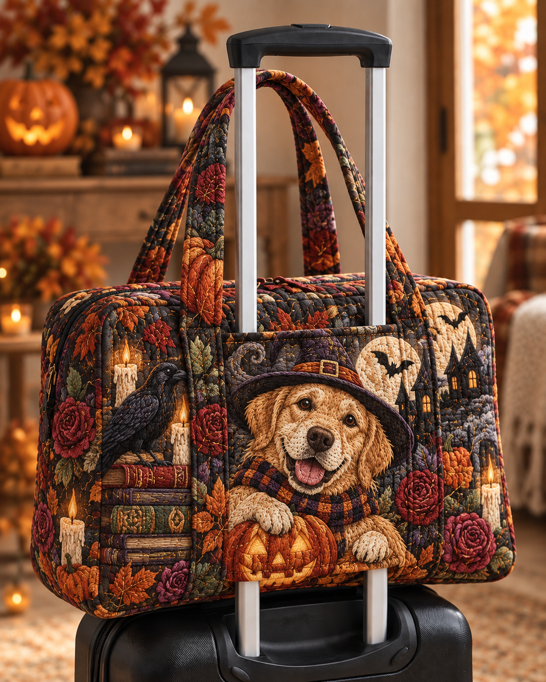 Golden Retriever Witch Hat Pumpkin Quilted Weekender Bag With Trolley Sleeve