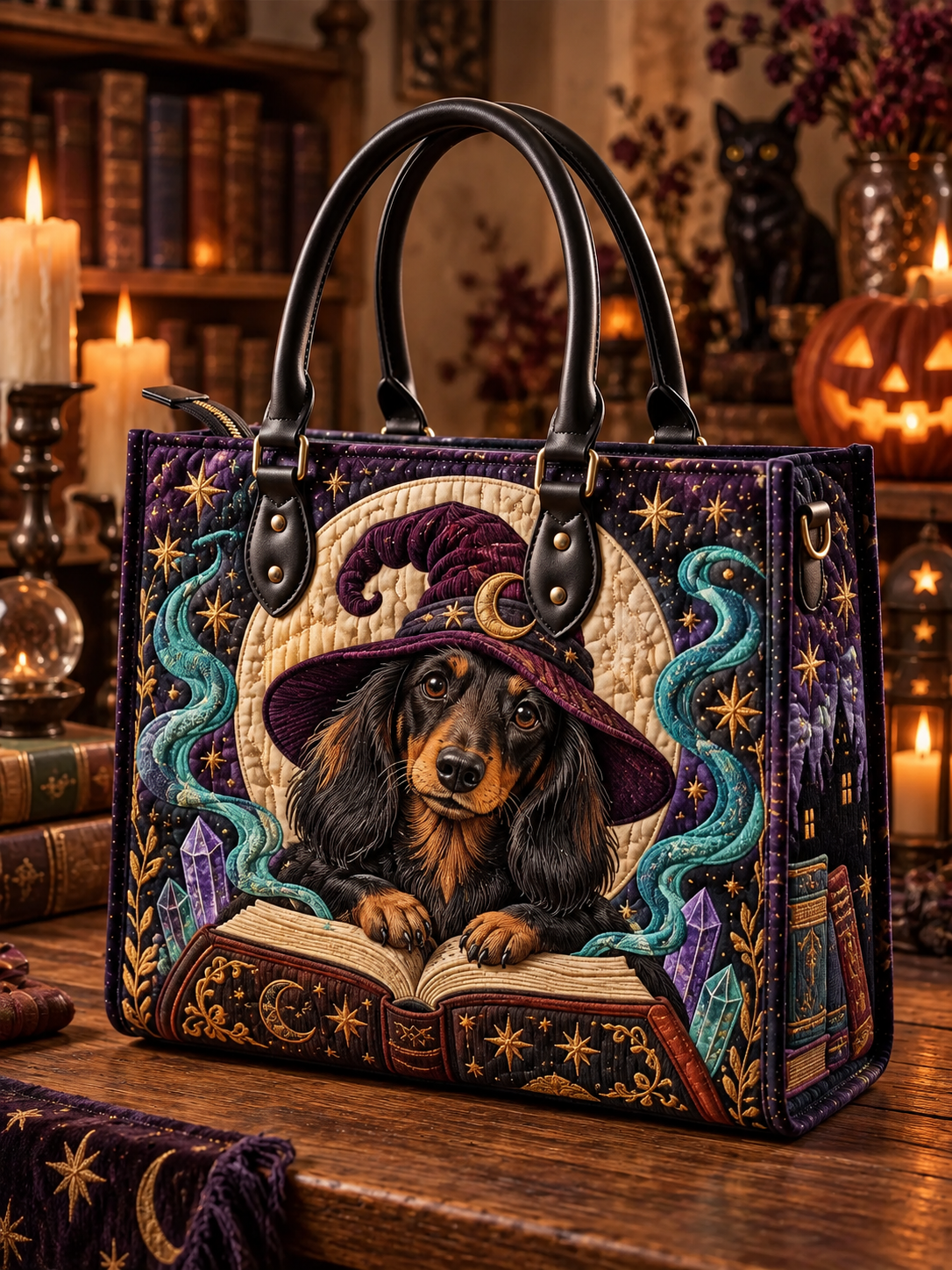 Mystic Witch Dachshund Quilted Leather Strap Bible Handbag