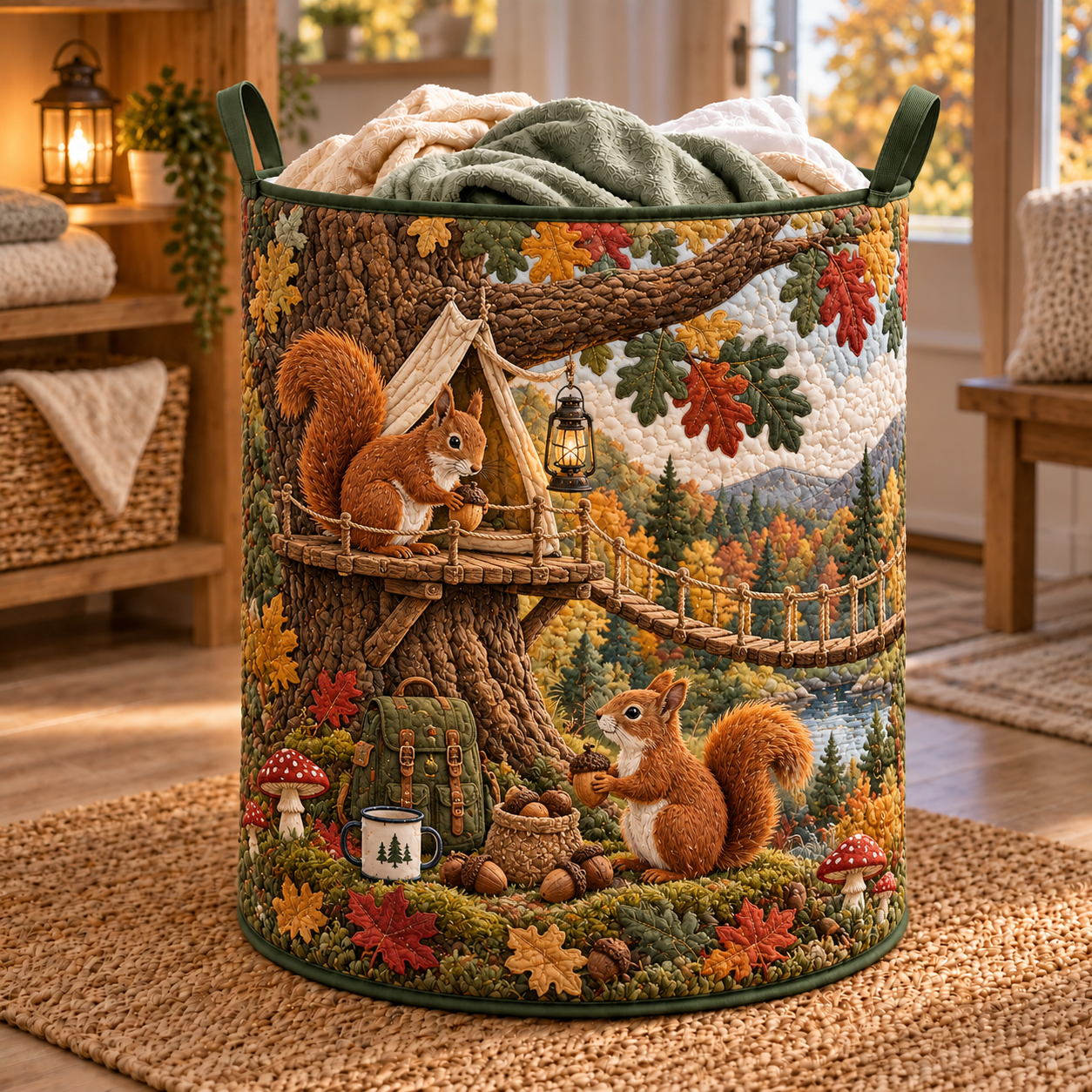 Autumn Squirrel Hammock Quilted Laundry Basket