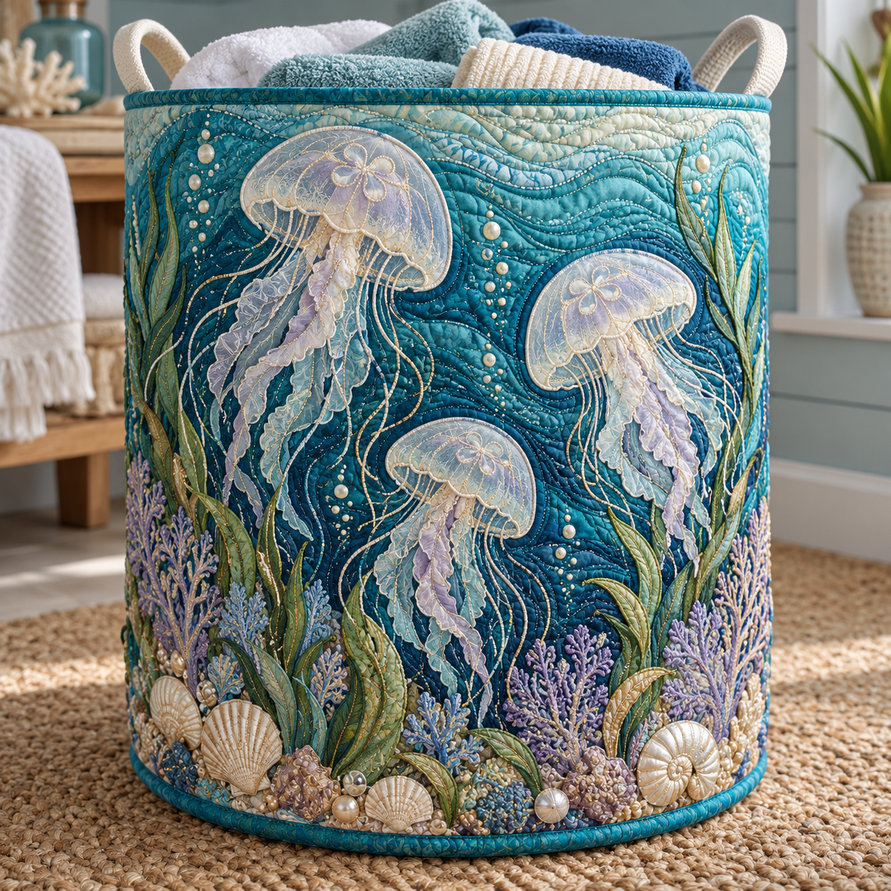 Jellyfish Ocean Garden Quilted Laundry Basket
