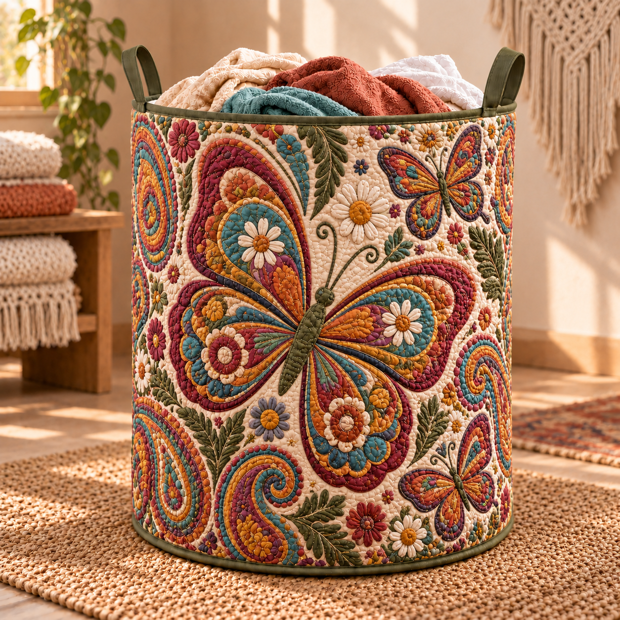 Colorful Boho Butterfly Quilted Laundry Basket