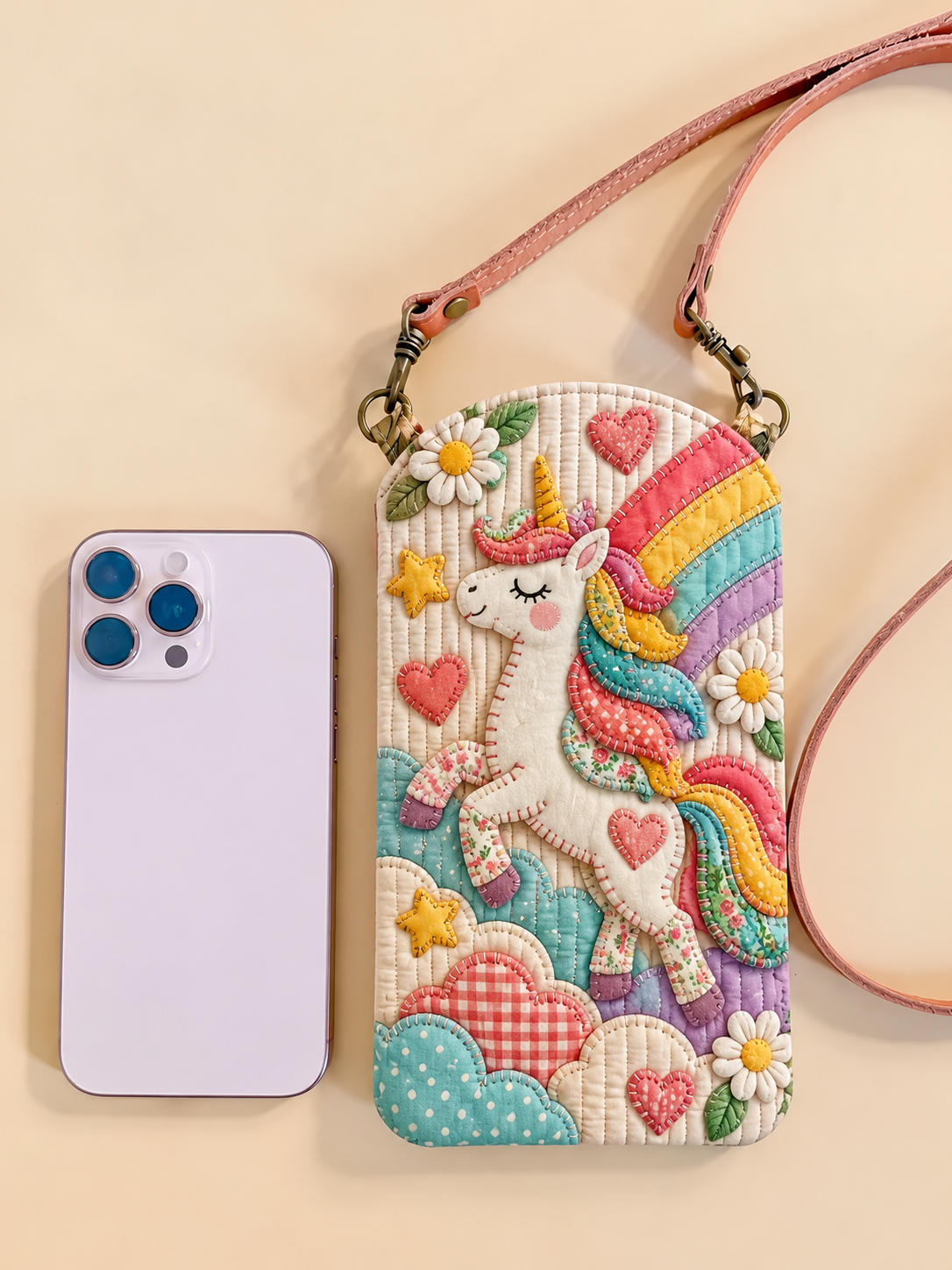 Rainbow Hearts Unicorn Quilted Slim Phone Crossbody Bag