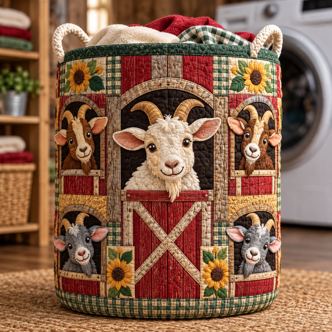 Goat Barnyard Patchwork Quilted Laundry Basket