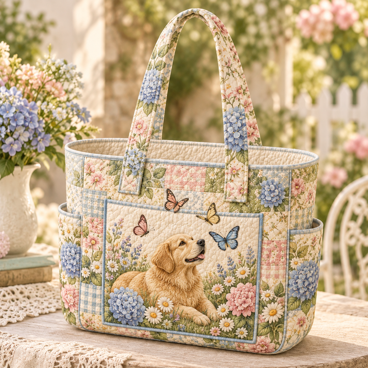 Pastel Hydrangea Golden Puppy Multiple Pockets Quilted Tote Bag