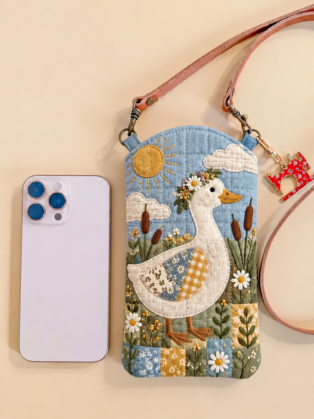 Blue Goose Country Patchwork Quilted Slim Phone Crossbody Bag