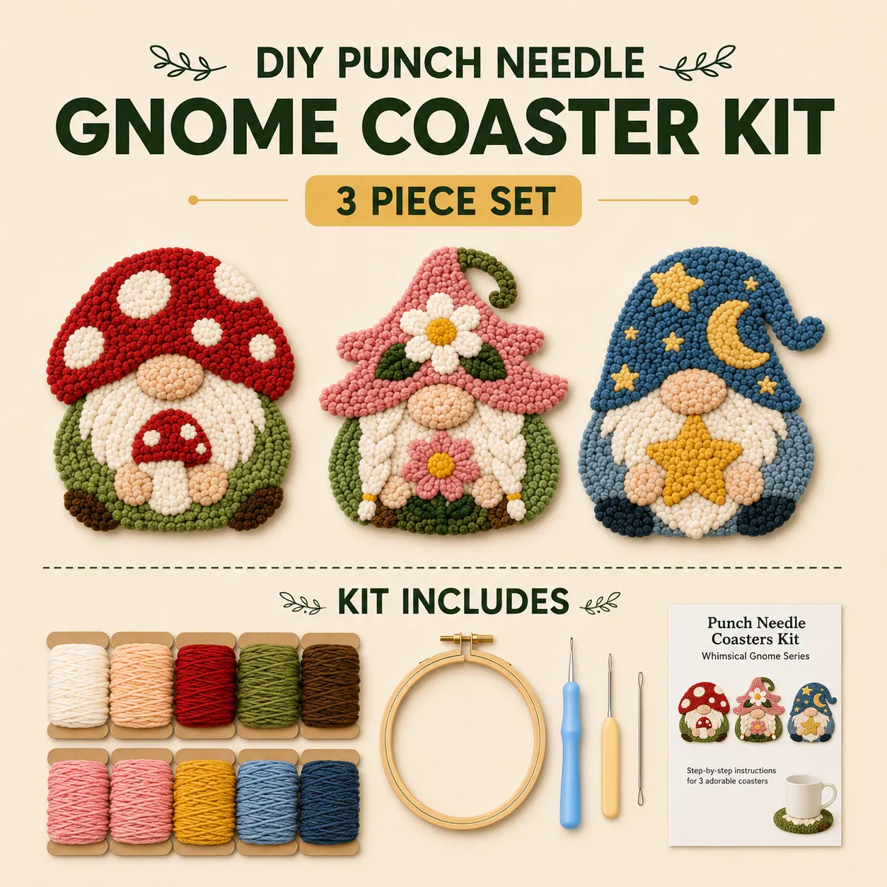 Beginner-Friendly DIY Gnome Coasters Punch Needle Kit ☕ – Cute Handmade Mug Rug Se