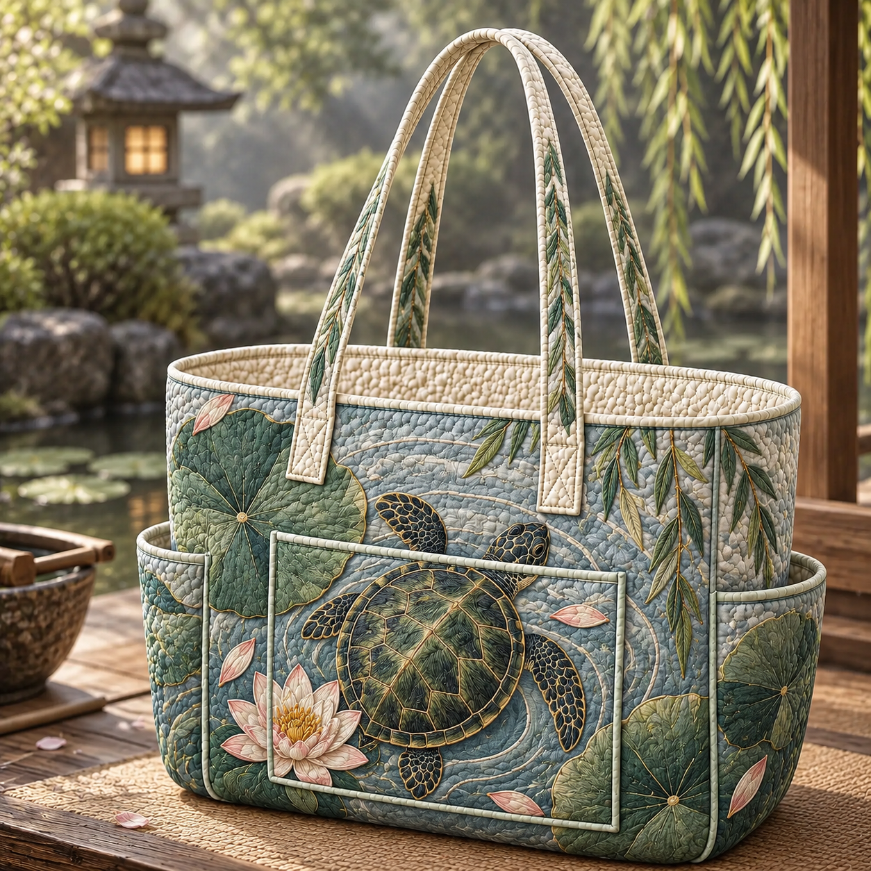 Lotus Pond Sea Turtle Multiple Pockets Quilted Tote Bag