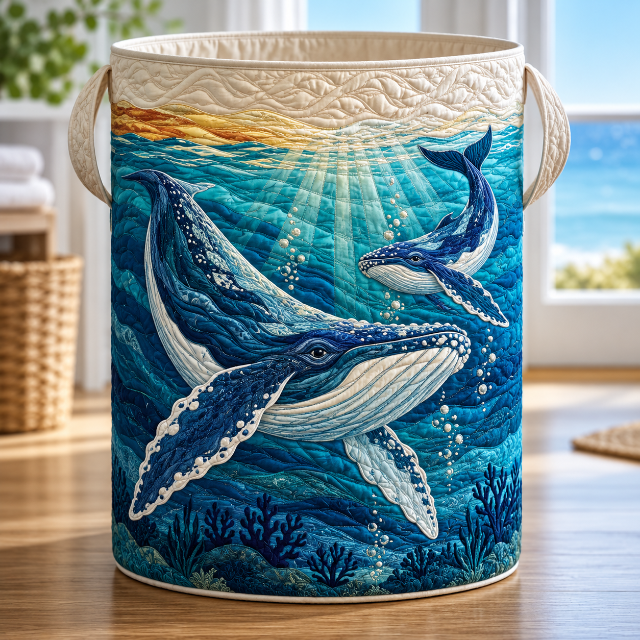 Whale Ocean Depths Quilted Laundry Basket