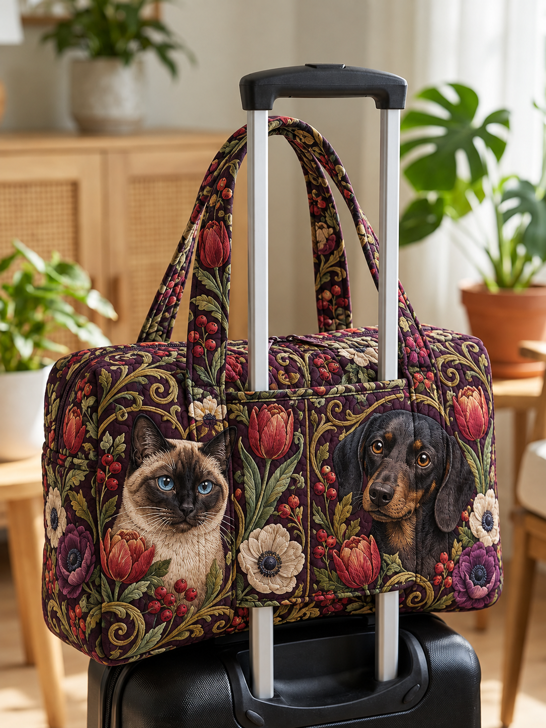 Vintage Dog Portrait Floral Quilted Weekender Bag With Trolley Sleeve