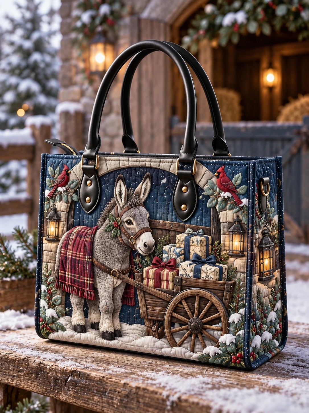 Christmas Donkey Gift Cart Quilted Leather Strap Bible Handbag