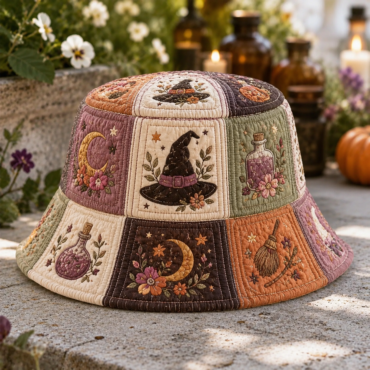 Vintage Witch & Moon Patchwork Quilted Fishing Hat