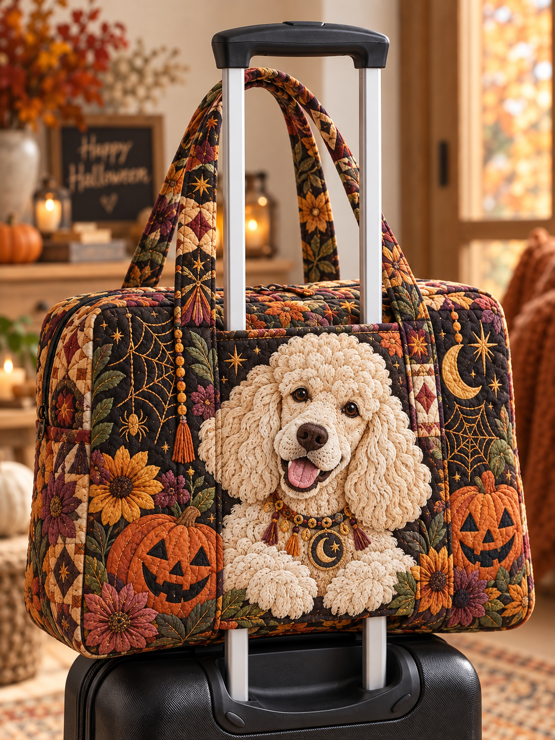 White Poodle Halloween Pumpkin Quilted Weekender Bag With Trolley Sleeve