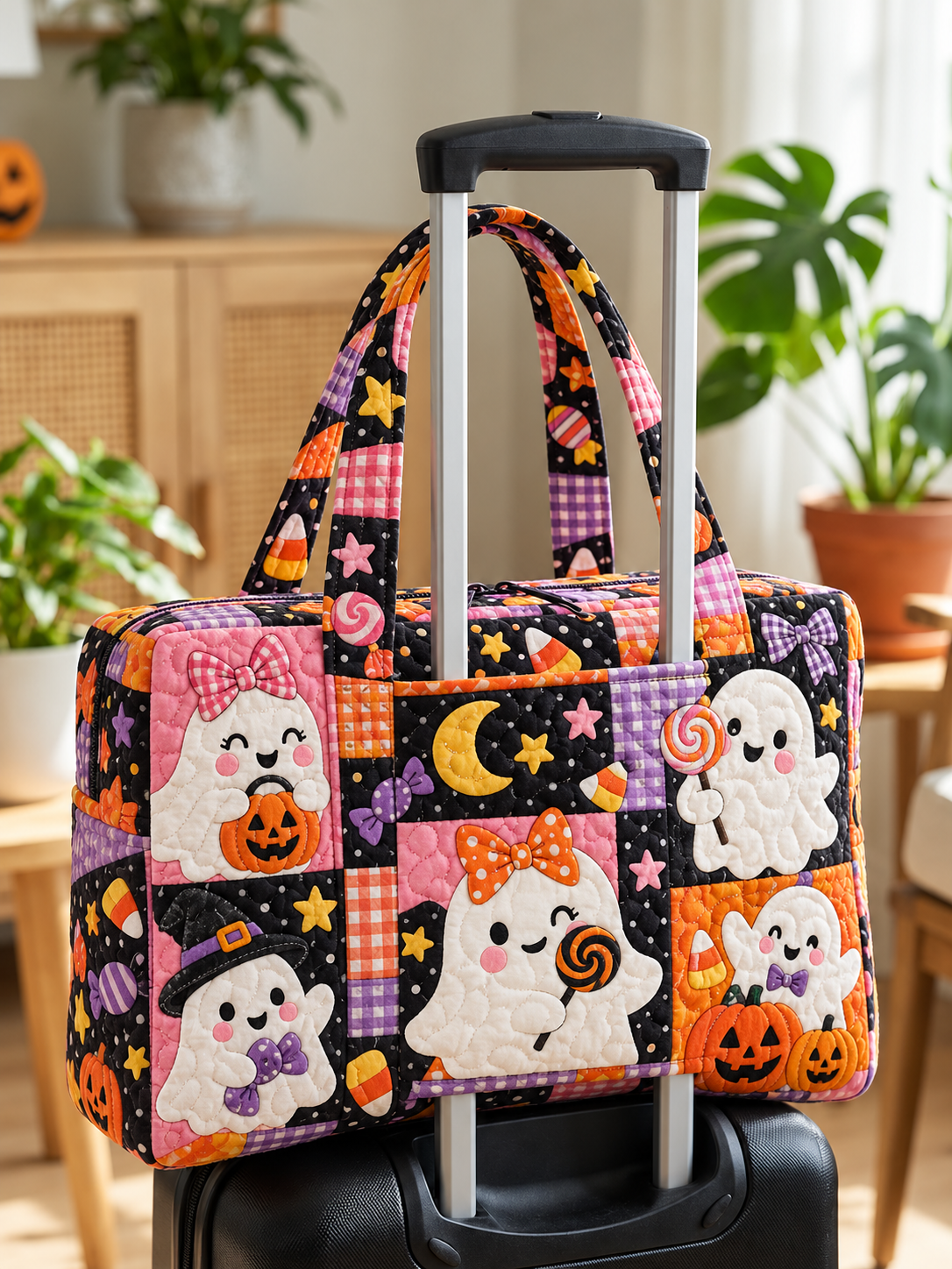 Cute Ghost Halloween Patchwork Quilted Weekender Bag With Trolley Sleeve