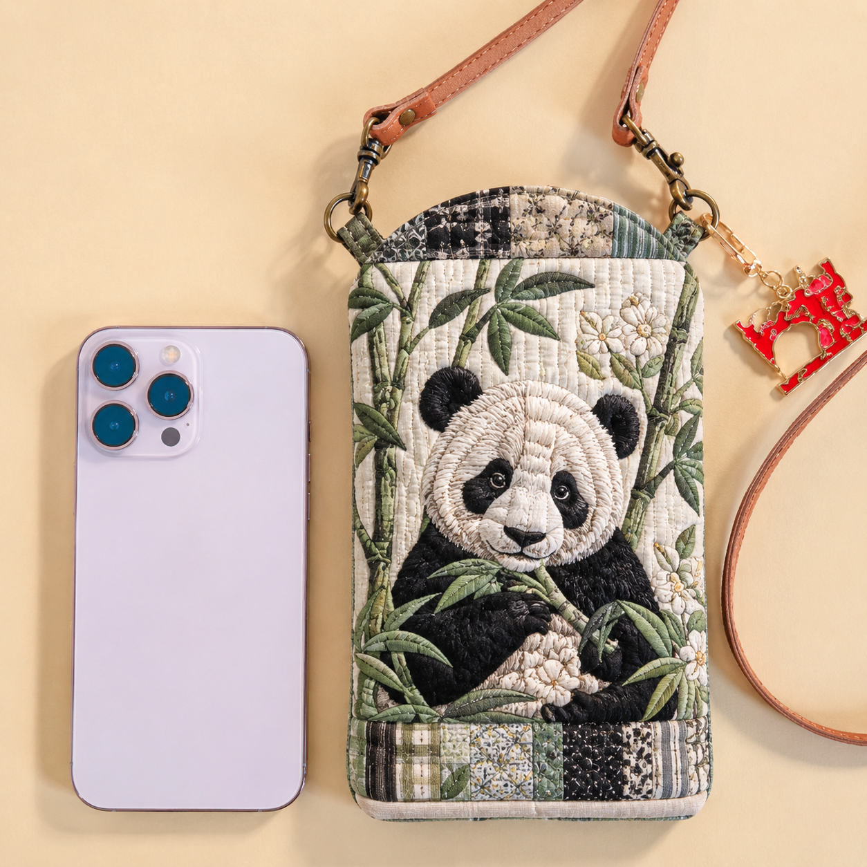 Panda Bamboo Garden Quilted Slim Phone Crossbody Bag
