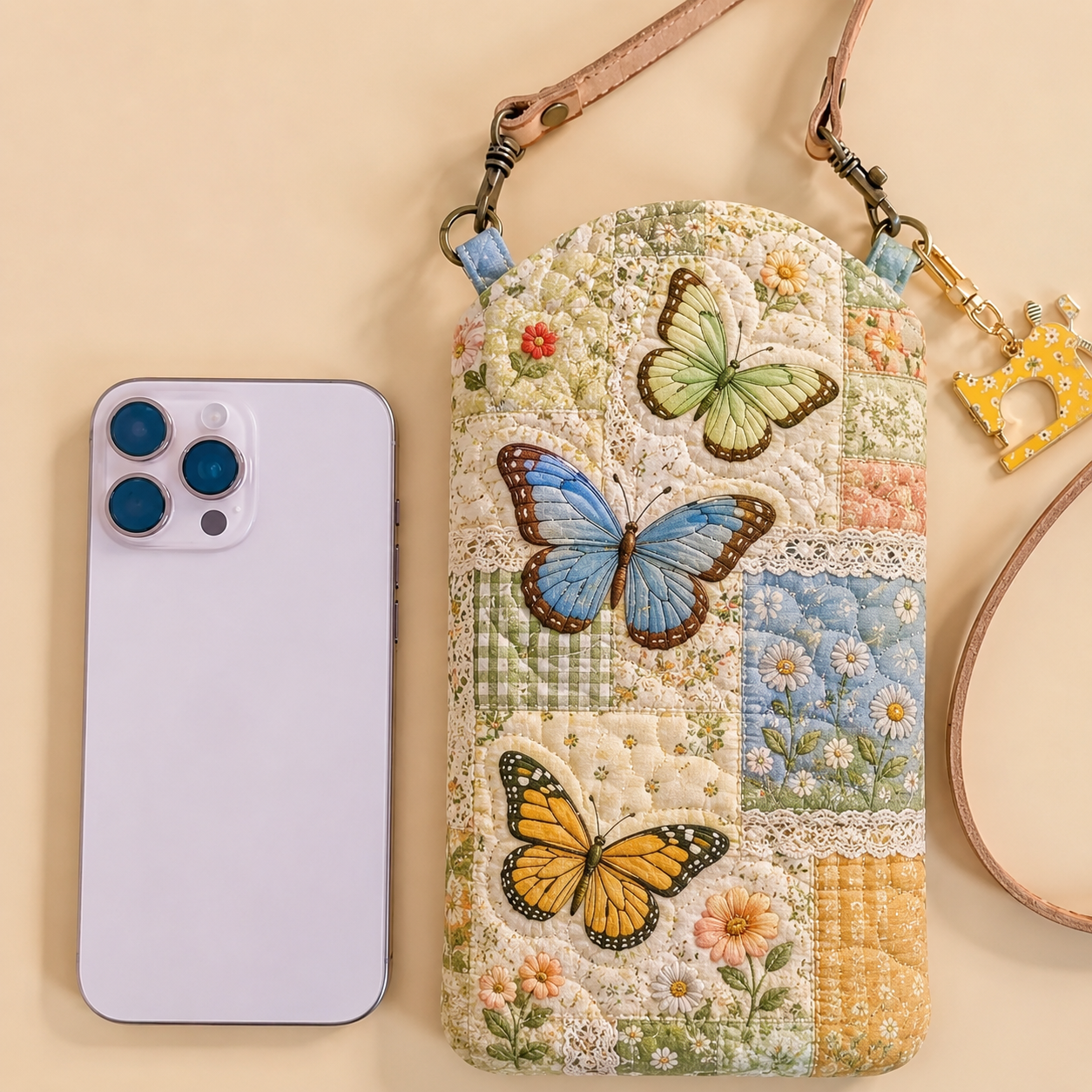 Patchwork Butterfly Garden Quilted Slim Phone Crossbody Bag