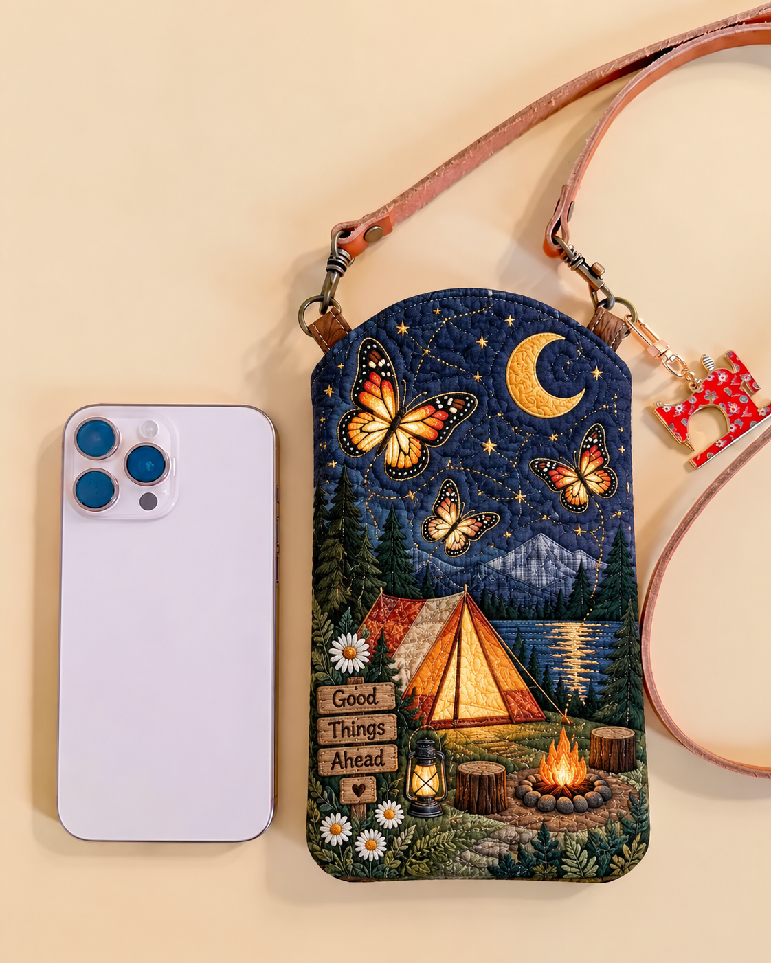 Moonlit Butterfly Campsite Quilted Slim Phone Crossbody Bag