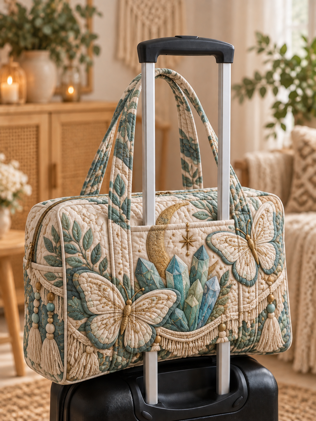 Blue Butterfly Garden Quilted Weekender Bag With Trolley Sleeve