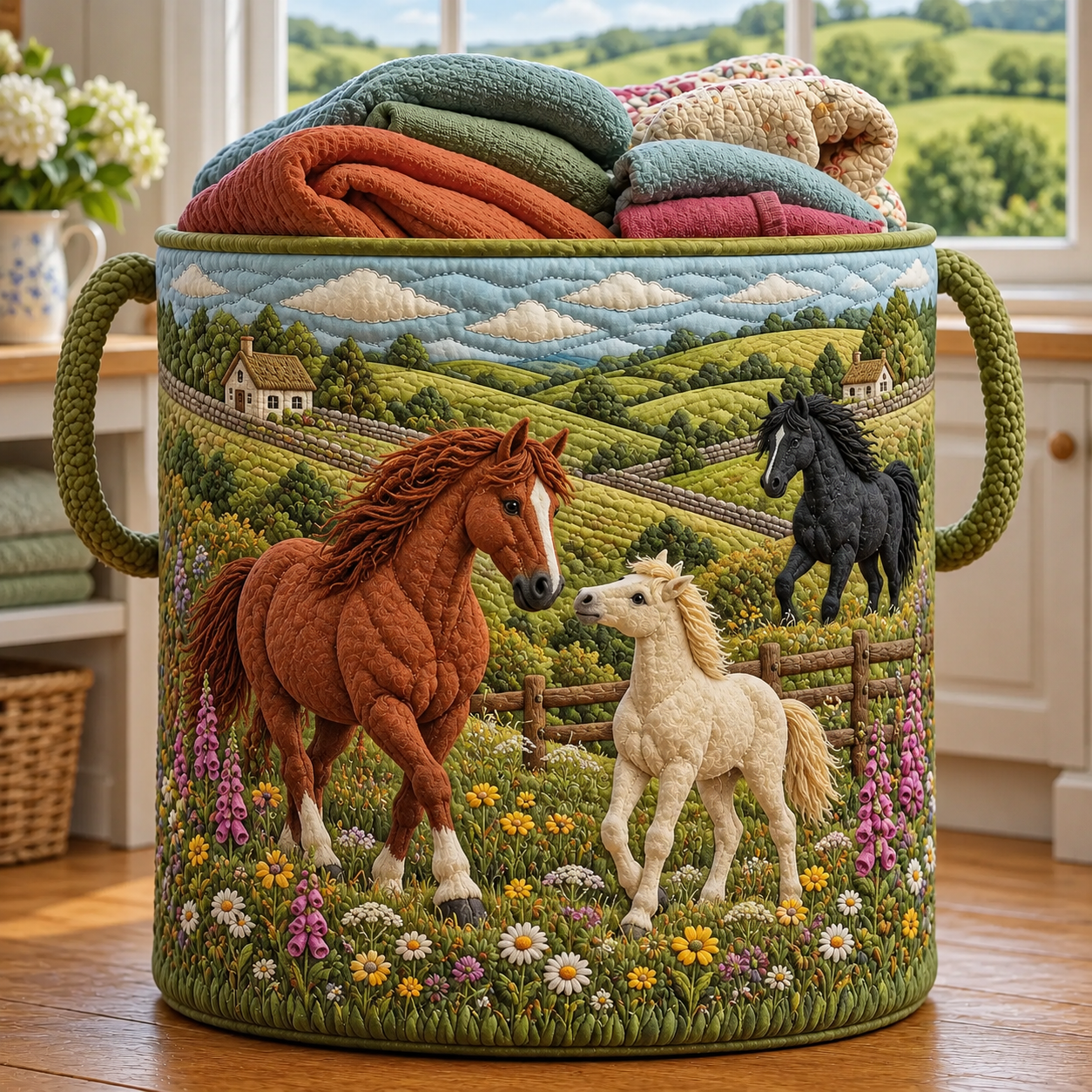 Horse Family Country Meadow Quilted Laundry Basket