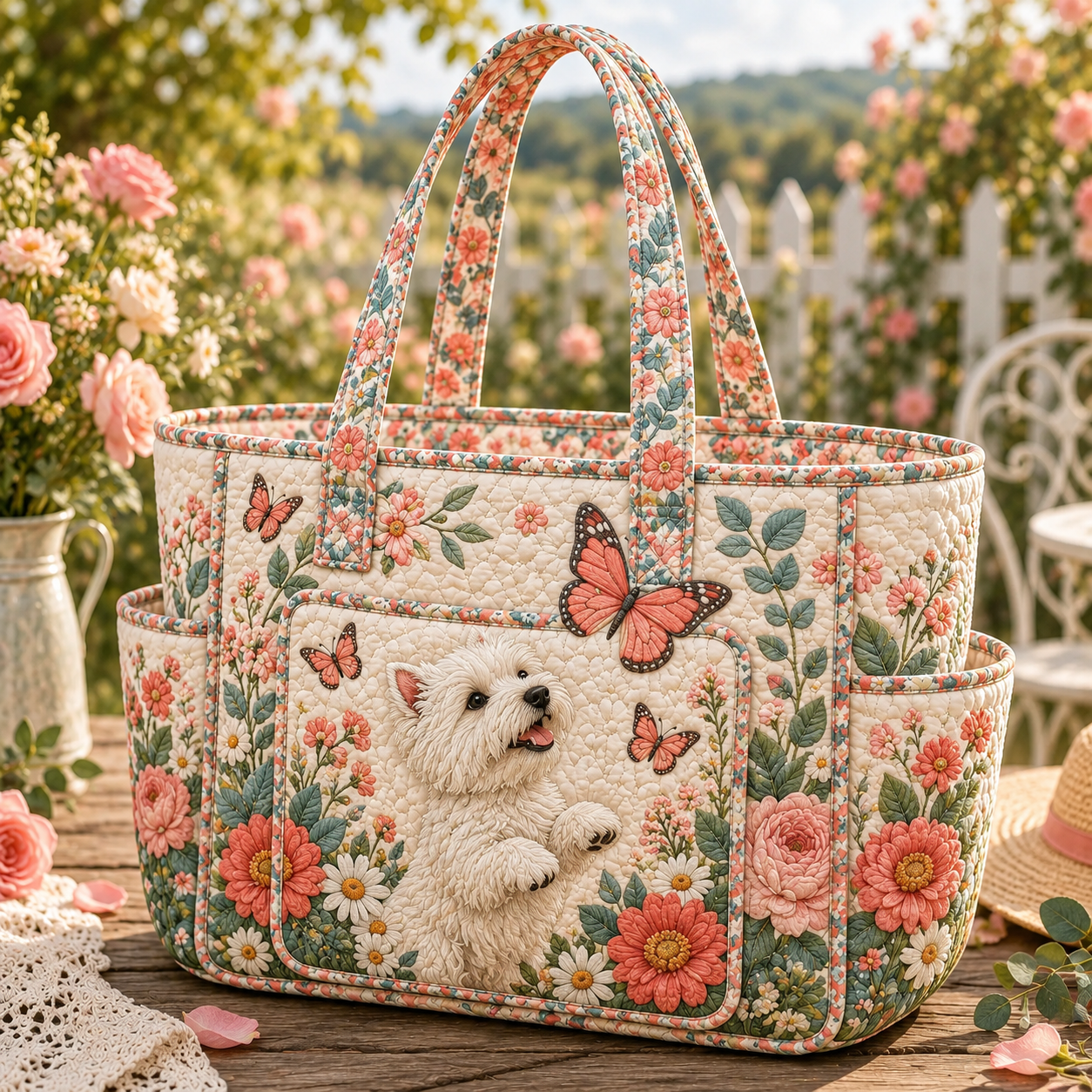 Blush Floral Puppy Garden Multiple Pockets Quilted Tote Bag