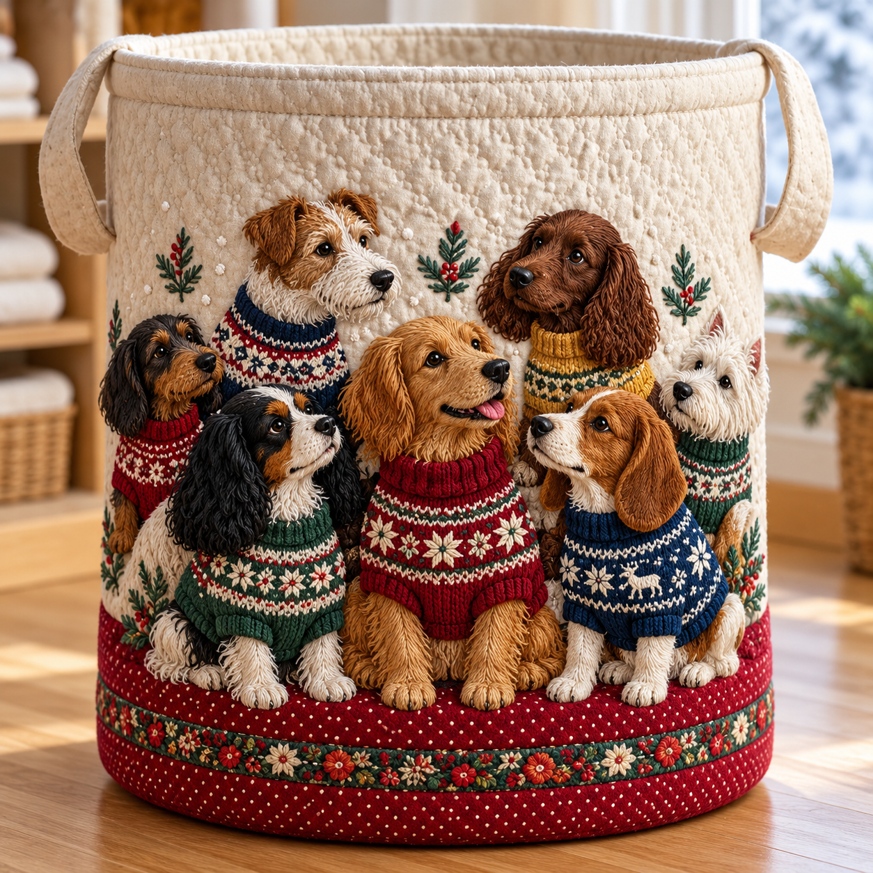 Holiday Dog Family Sweaters Quilted Laundry Basket