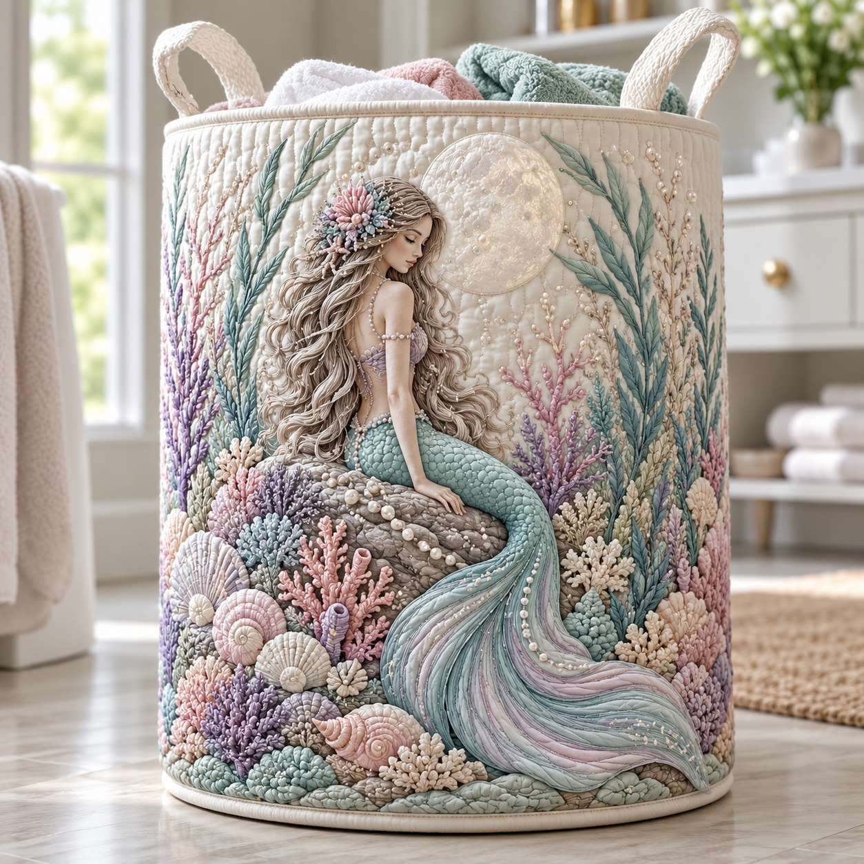 Pastel Mermaid Coral Garden Quilted Laundry Basket