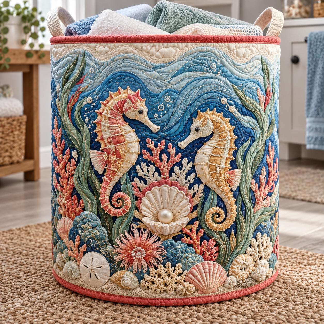 Seahorse Pearl Coral Quilted Laundry Basket