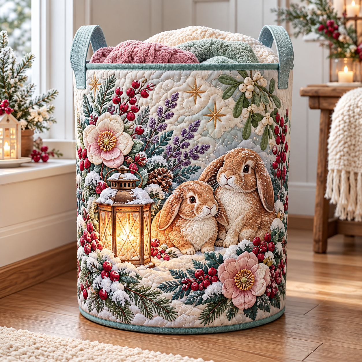 Winter Bunny Lantern Scene Quilted Laundry Basket