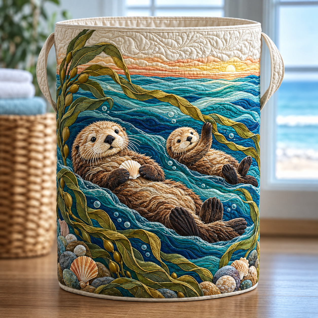 Sea Otter Ocean Kelp Quilted Laundry Basket