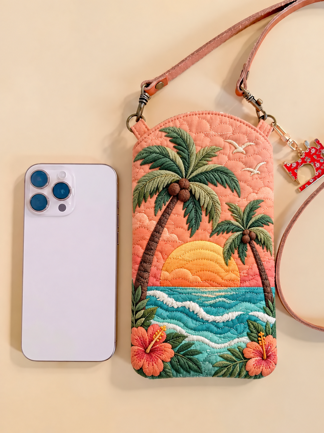 Pink Palm Sunset Quilted Slim Phone Crossbody Bag