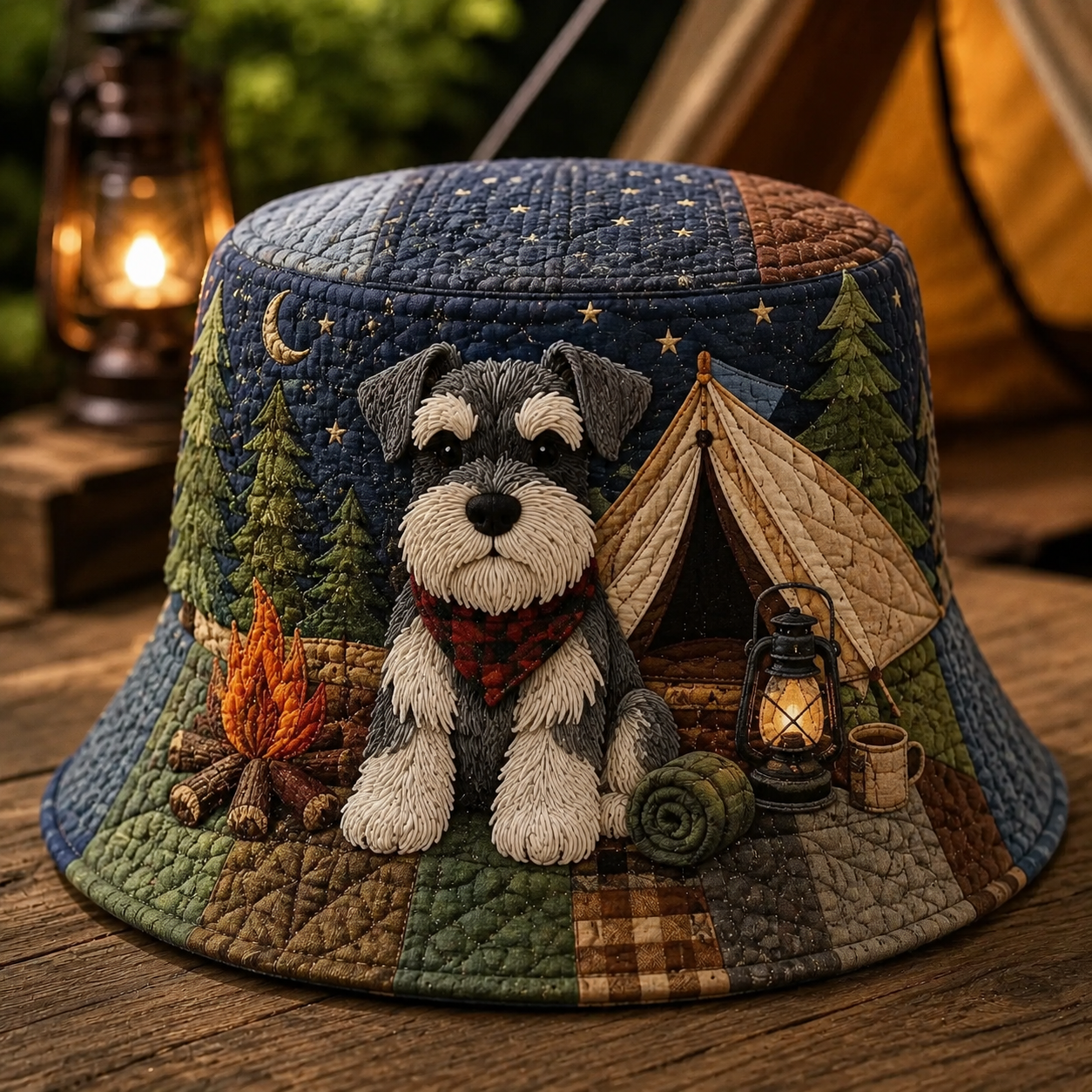Schnauzer Tent Night Quilted Fishing Hat