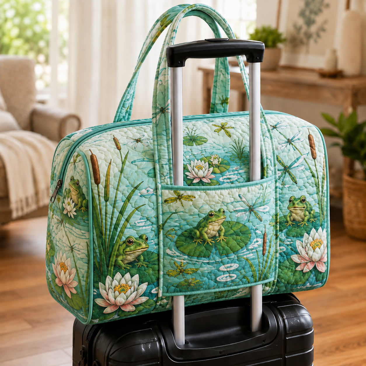 Frog Lily Pond Quilted Weekender Bag With Trolley Sleeve