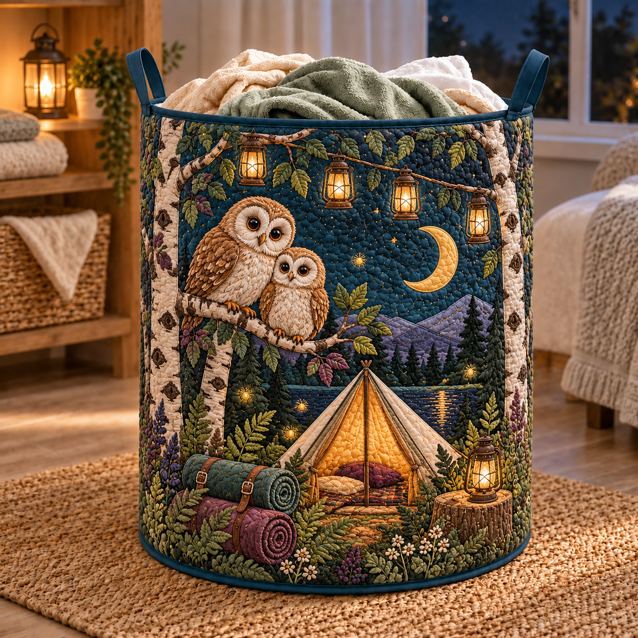Moonlit Owl Camping Quilted Laundry Basket