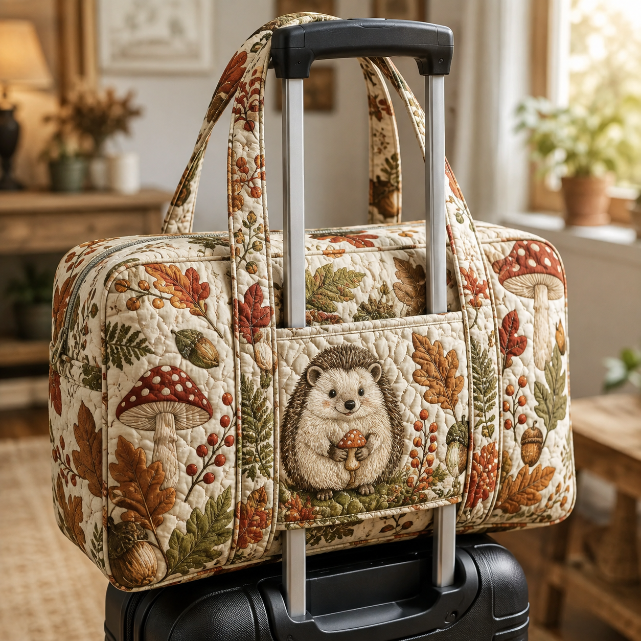 Autumn Hedgehog Mushroom Quilted Weekender Bag With Trolley Sleeve