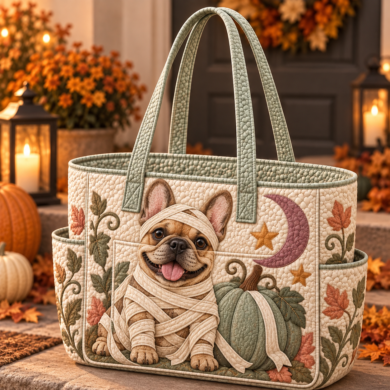 French Bulldog Mummy Halloween Multiple Pockets Quilted Tote Bag