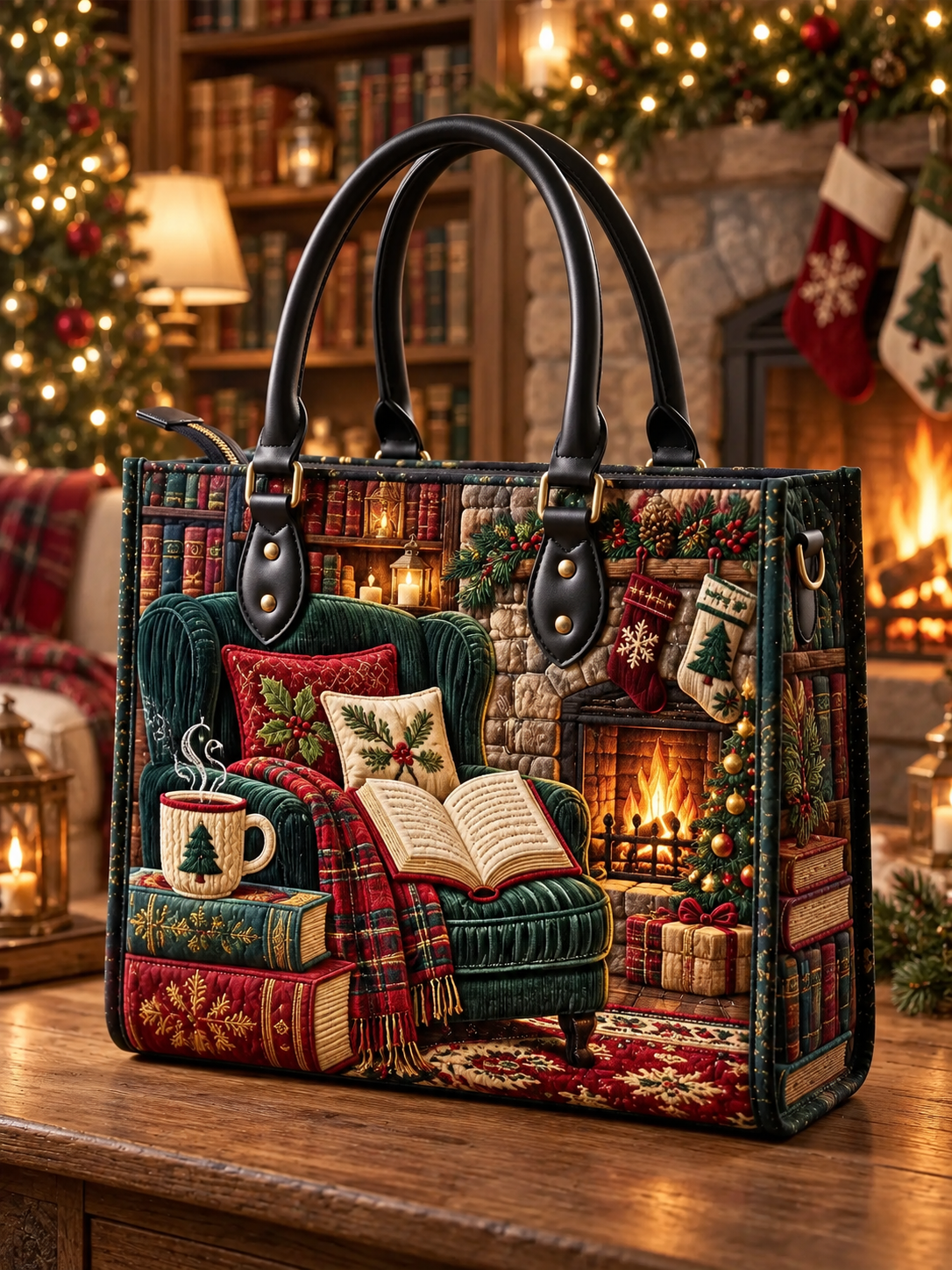 Cozy Christmas Reading Nook Quilted Leather Strap Bible Handbag