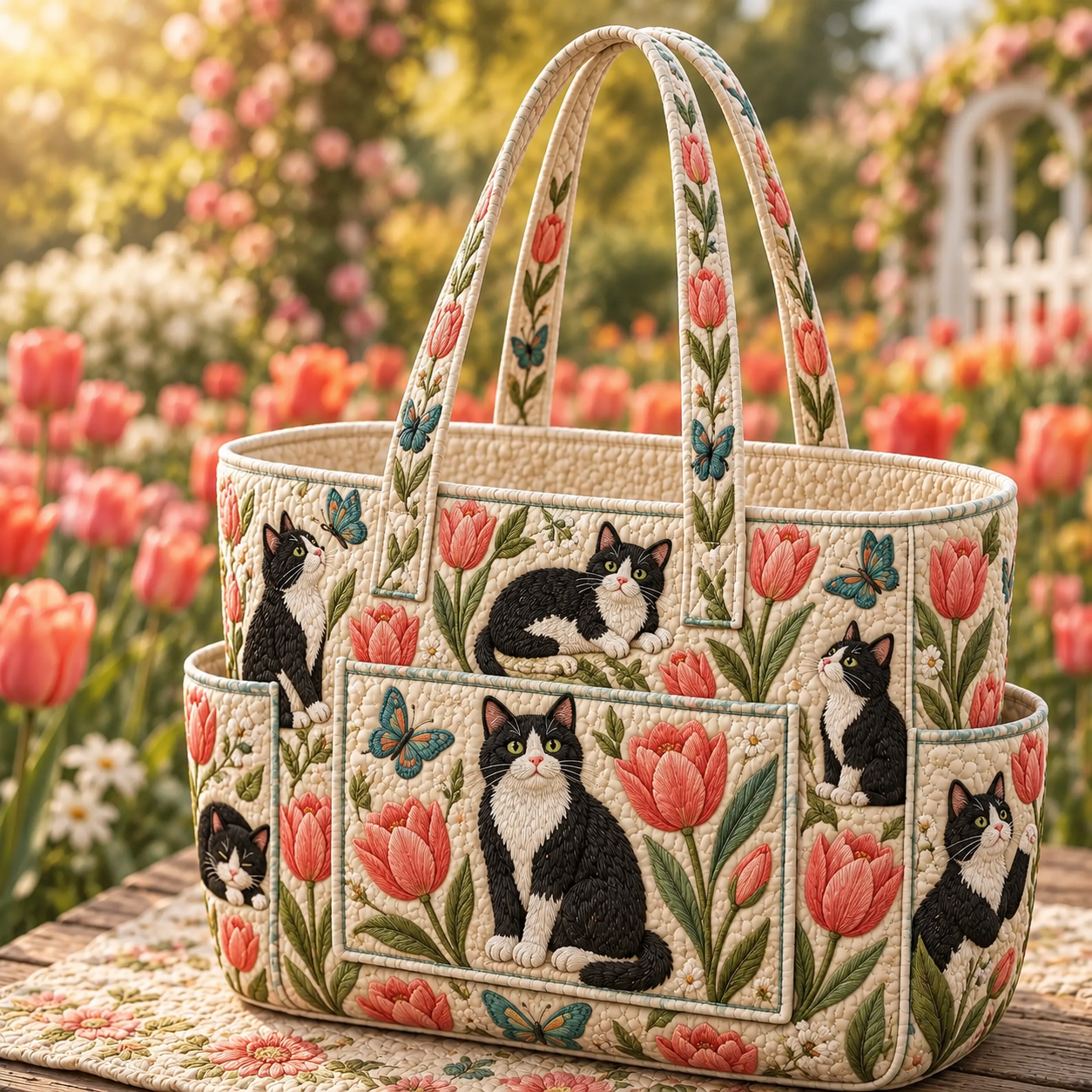 Tulip Patchwork Black Cat Multiple Pockets Quilted Tote Bag