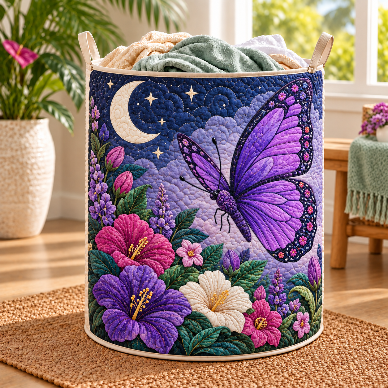 Moonlit Purple Butterfly Garden Quilted Laundry Basket